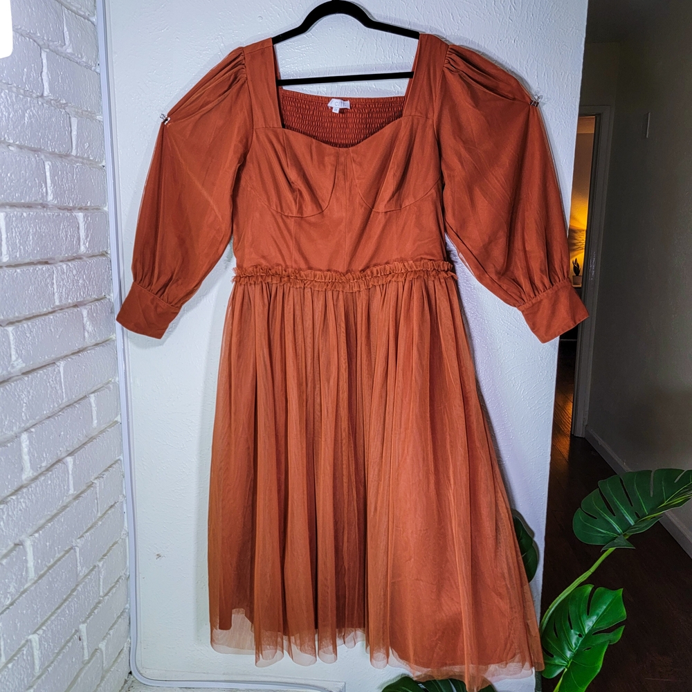 Ivy City Co Rust Orange Long Sleeve Midi Dress